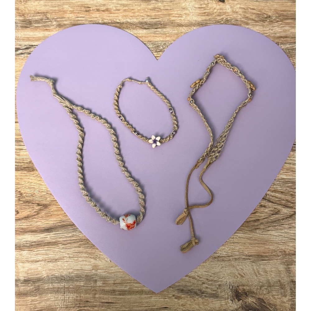 Hemp Jewelry Set Beige‎ Macrame Floral Beaded Boho Necklace Bracelet Anklet